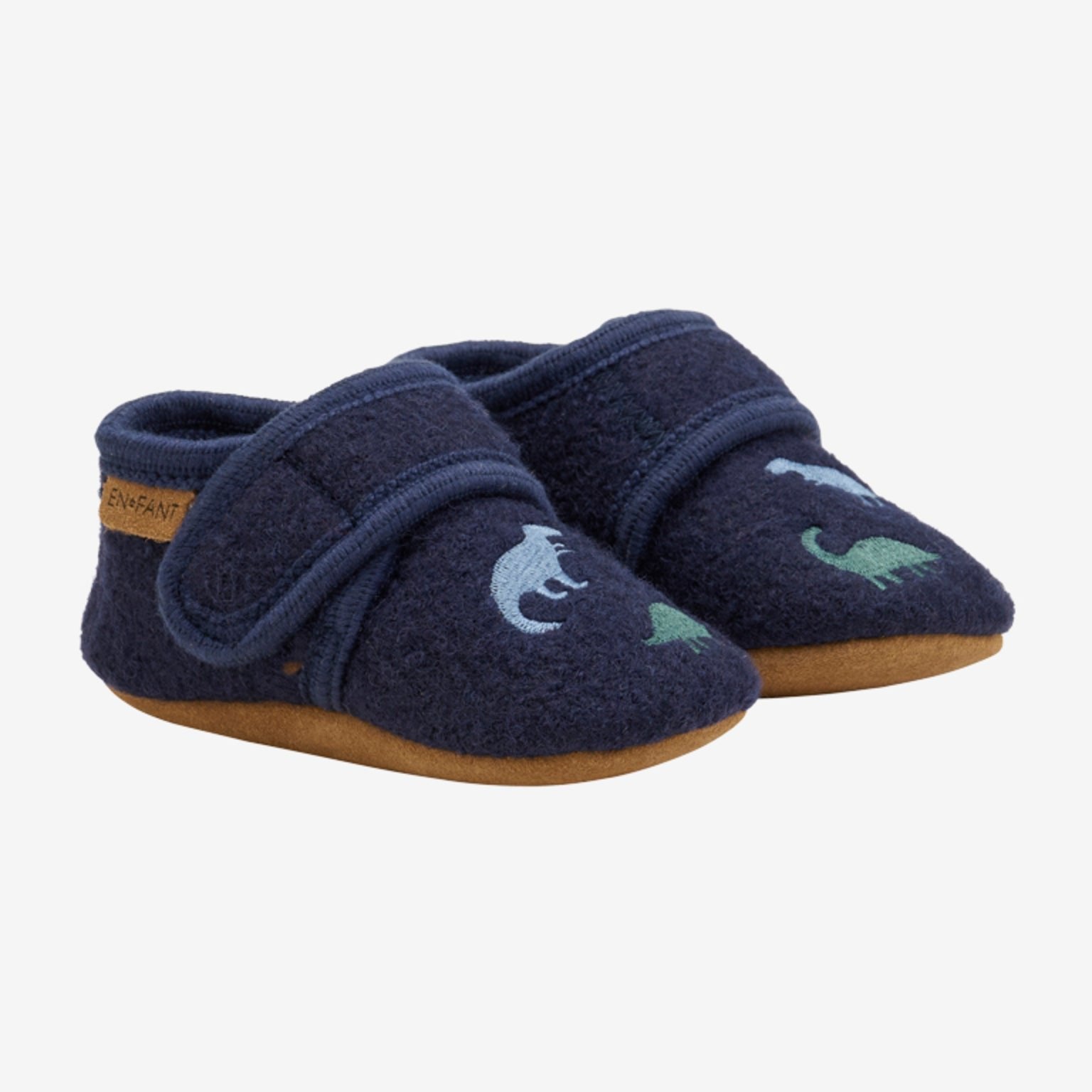 ENFANT babyslofjes geborduurd wool blauw dino