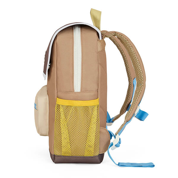 Rugzak in bruin gele kleur voor kinderen zijaanzicht