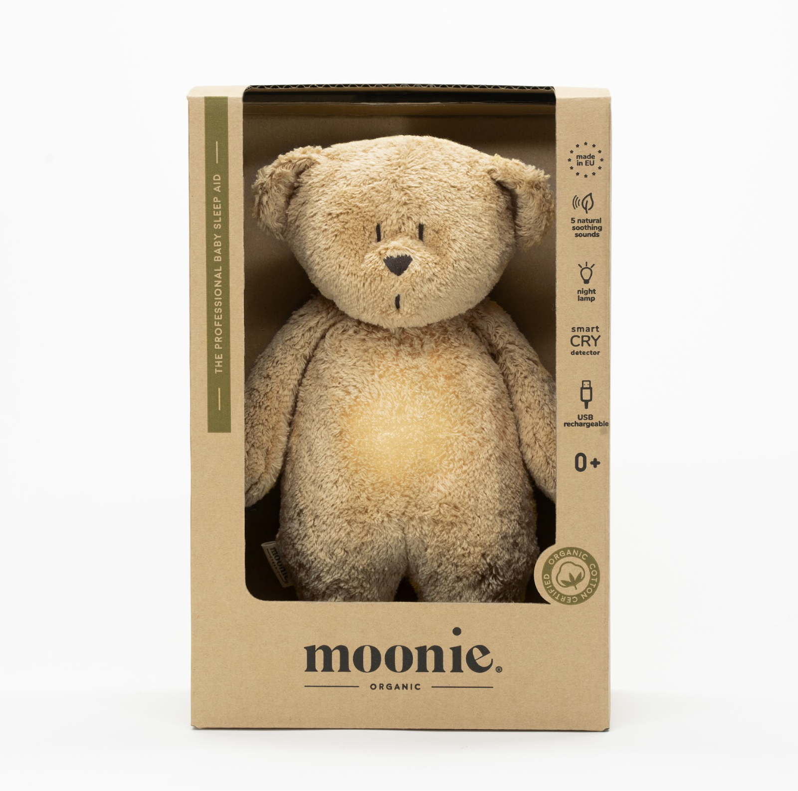De slaapknuffel van Moonie in de vorm van een beer in de kleur cappuccino voor baby's die rustgevende geluiden maakt die de slaap bevorderen in doos.