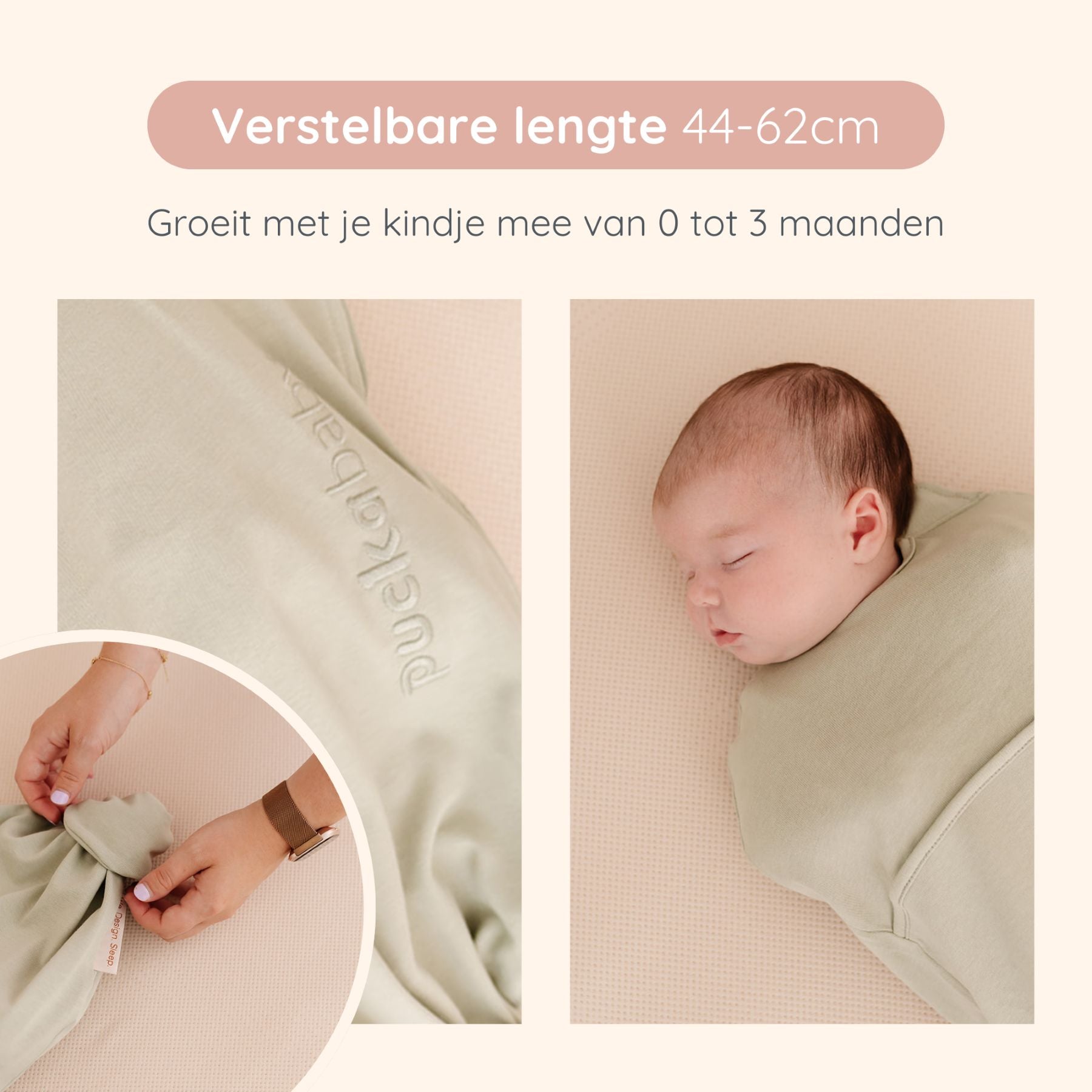 baby met Inbakerslaapzak Piep 0-3M Olive close up