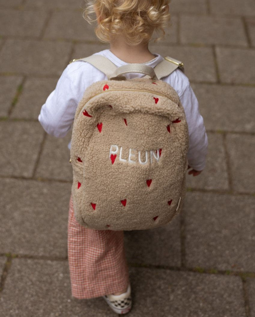 Rugzak teddy hartjes ecru voorzijde