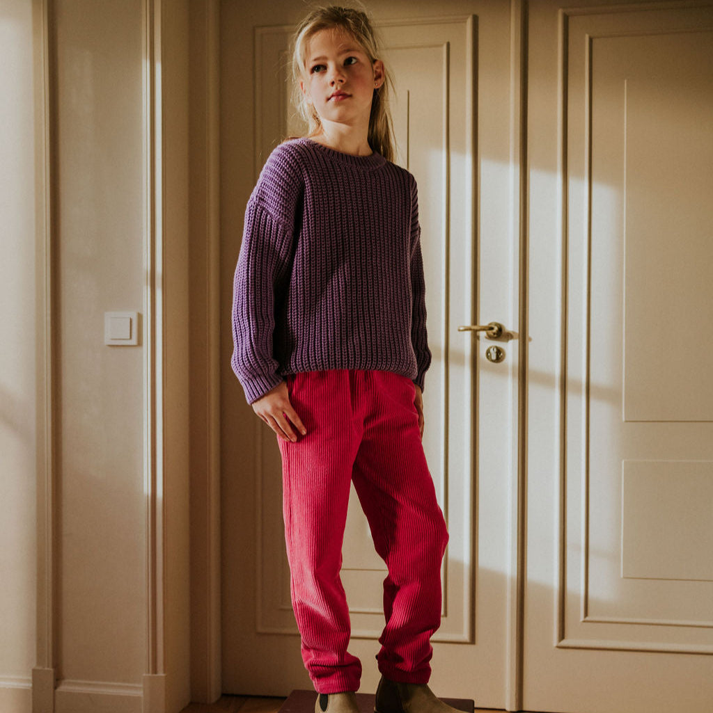 Fuchsia corduroy broek aan bij een kind met een paarse trui van het merk Yuki