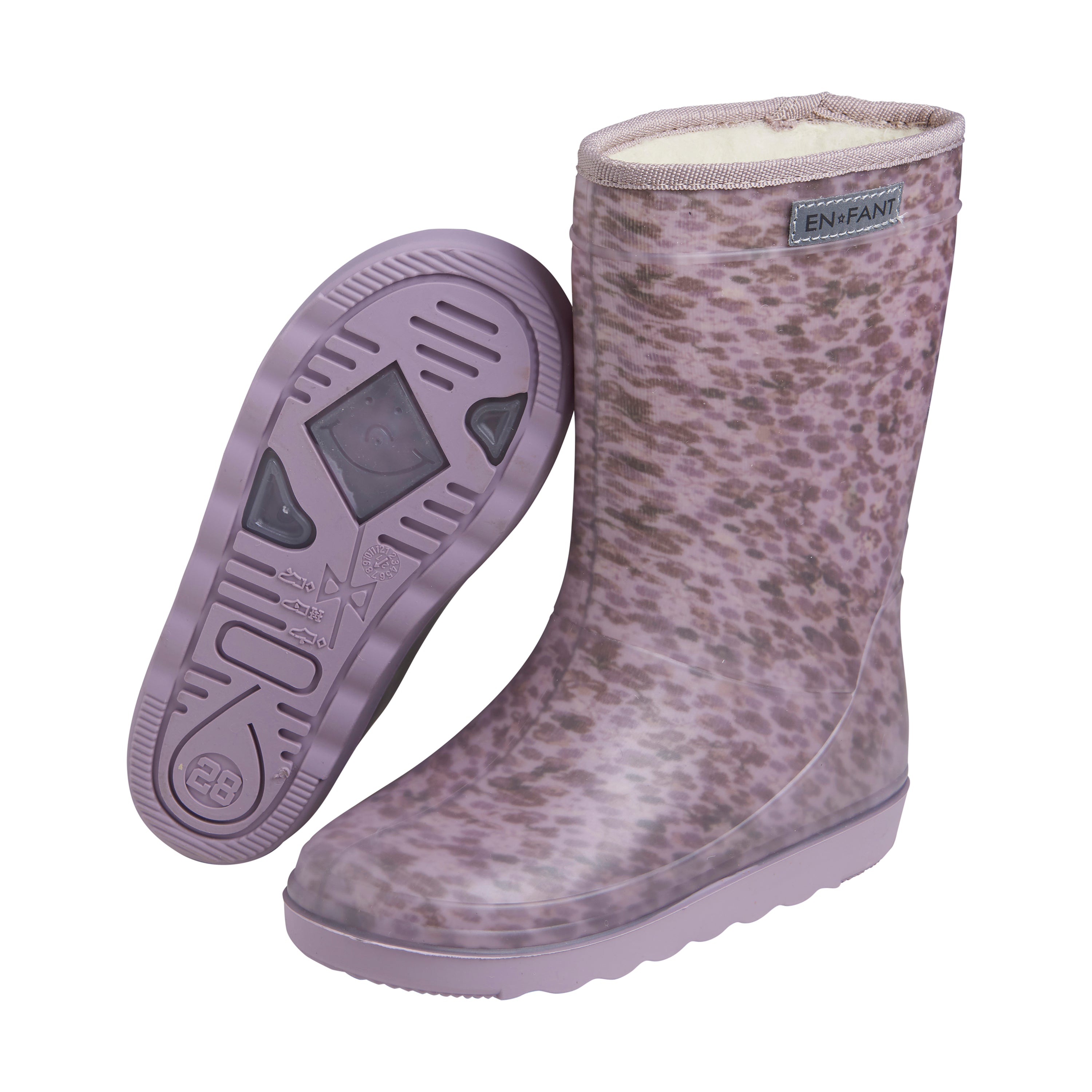 De thermoboots zijn gevoerd met wol aan de binnenzijde. De regenlaarzen zijn van ENFANT en hebben een paars patroon.