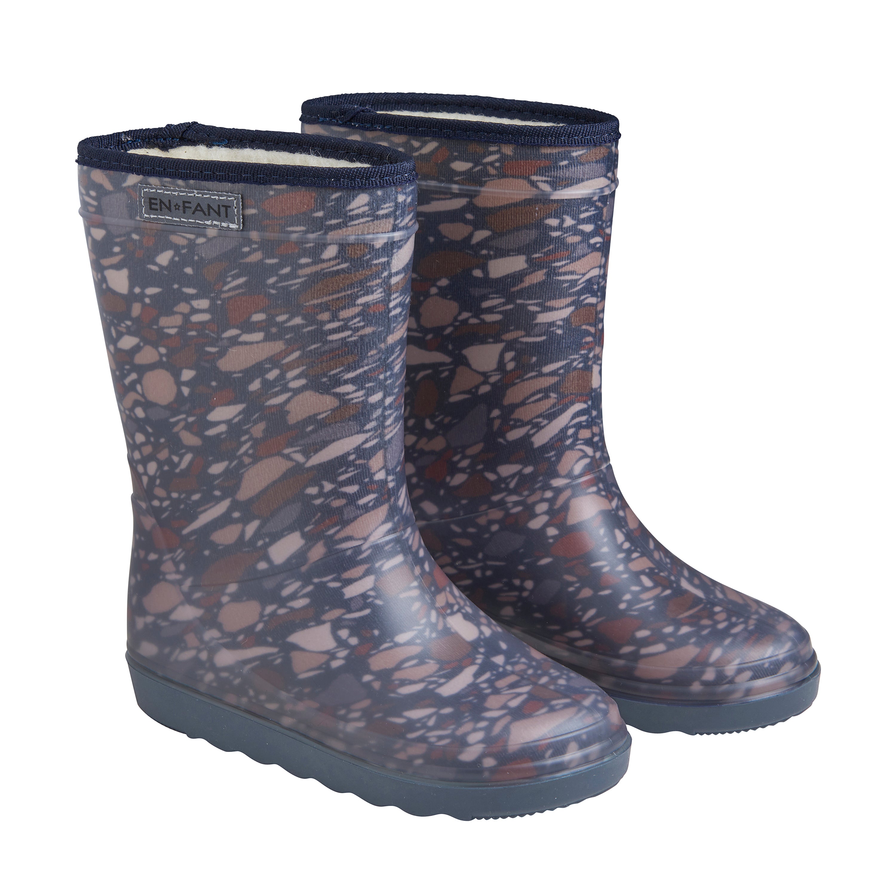 De thermoboots zijn gevoerd met wol aan de binnenzijde. De regenlaarzen zijn van ENFANT en blauw met patroon van kleur.