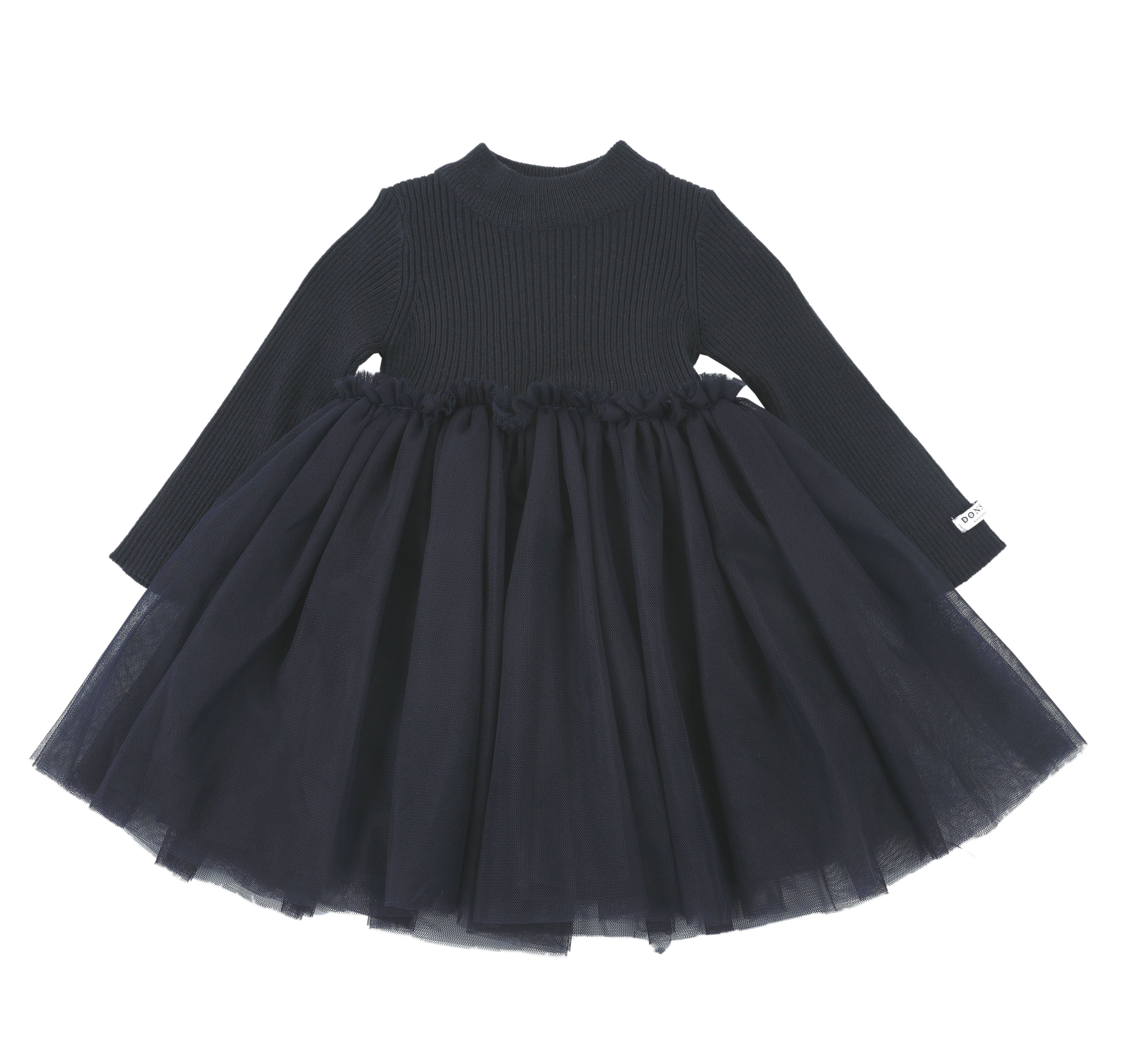 Blauwe jurk met aan de onderzijde een tule rok voor kinderen (meisjes) van Donsje.