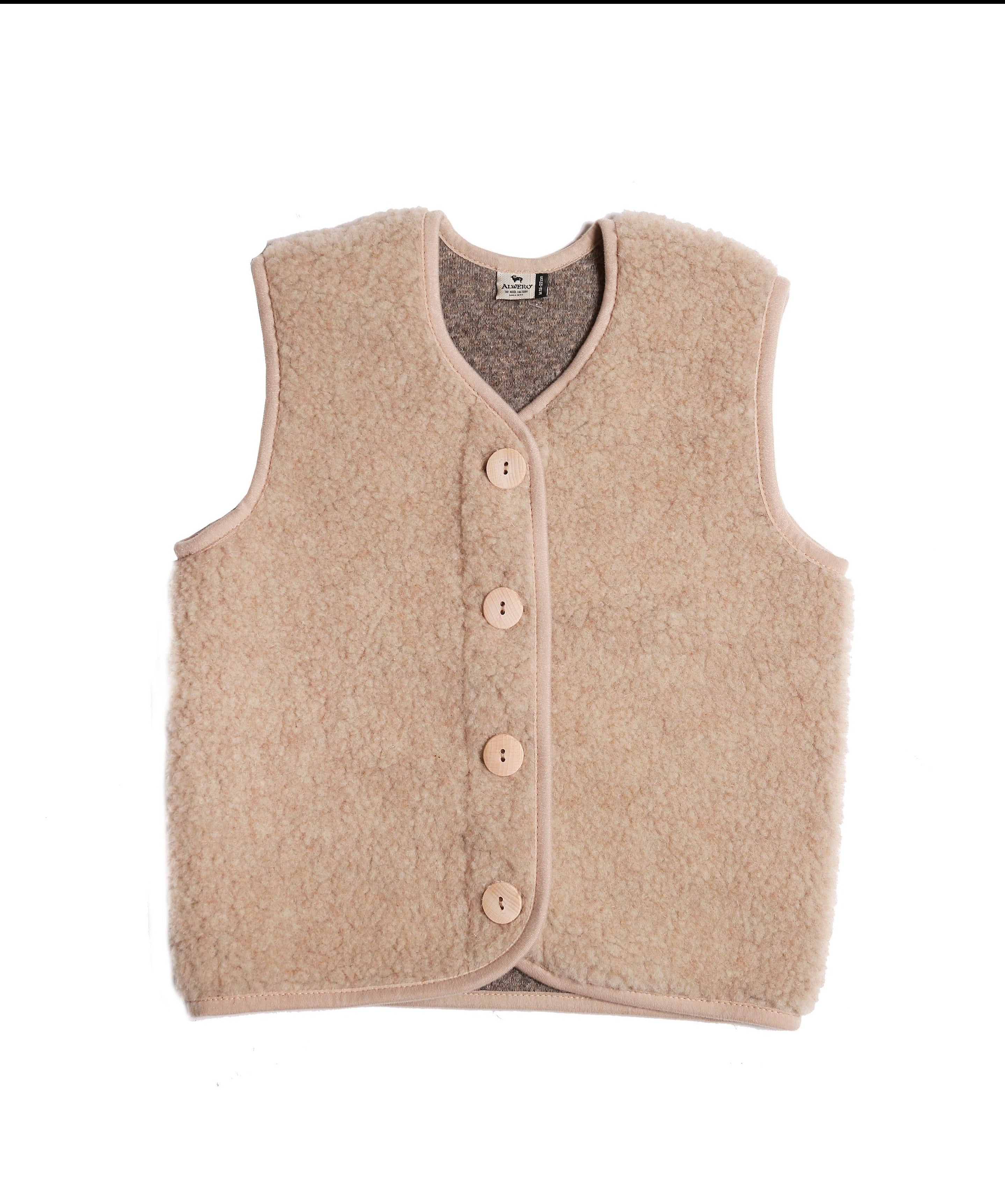 Beige bodywarmer voor kinder(en) van het merk Alwero gemaakt van wol. 