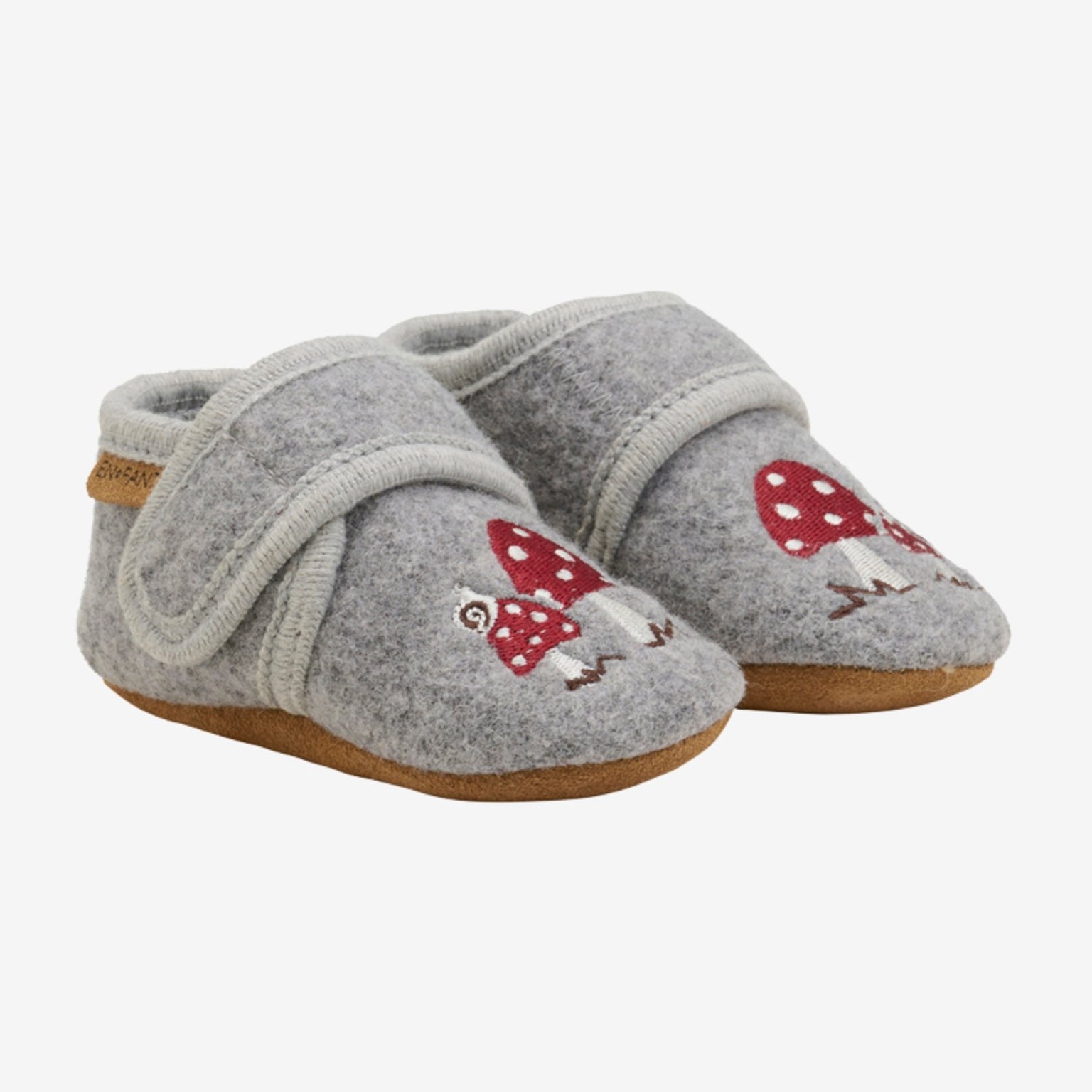 ENFANT babyslofjes geborduurd grijs paddestoel zijkant