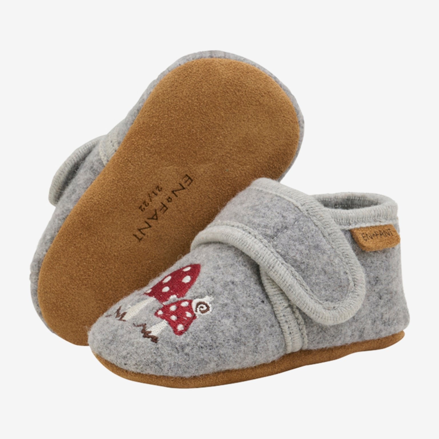 ENFANT babyslofjes geborduurd grijs paddestoel zijkant