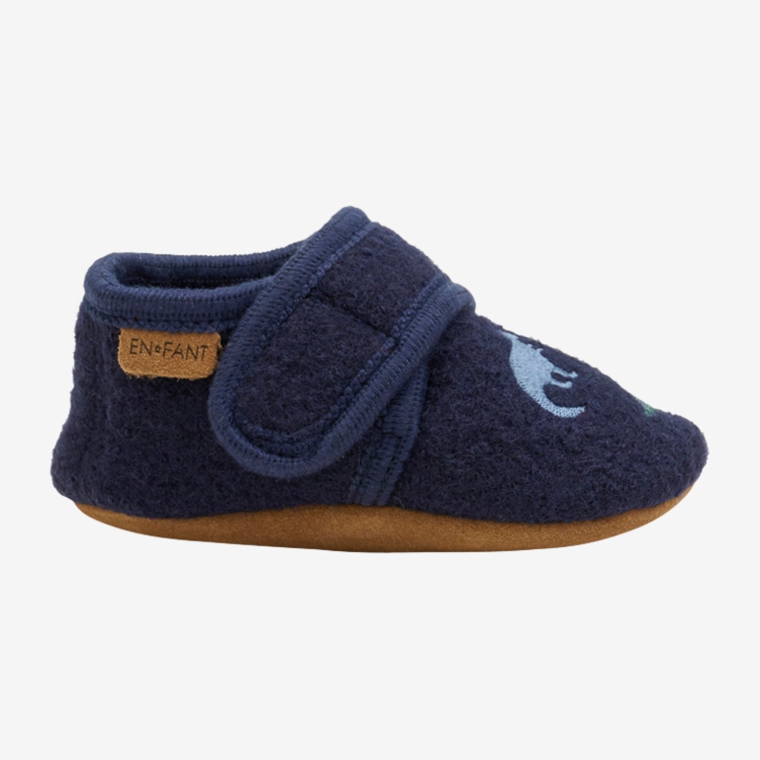 ENFANT babyslofjes geborduurd wool blauw dino zijkant
