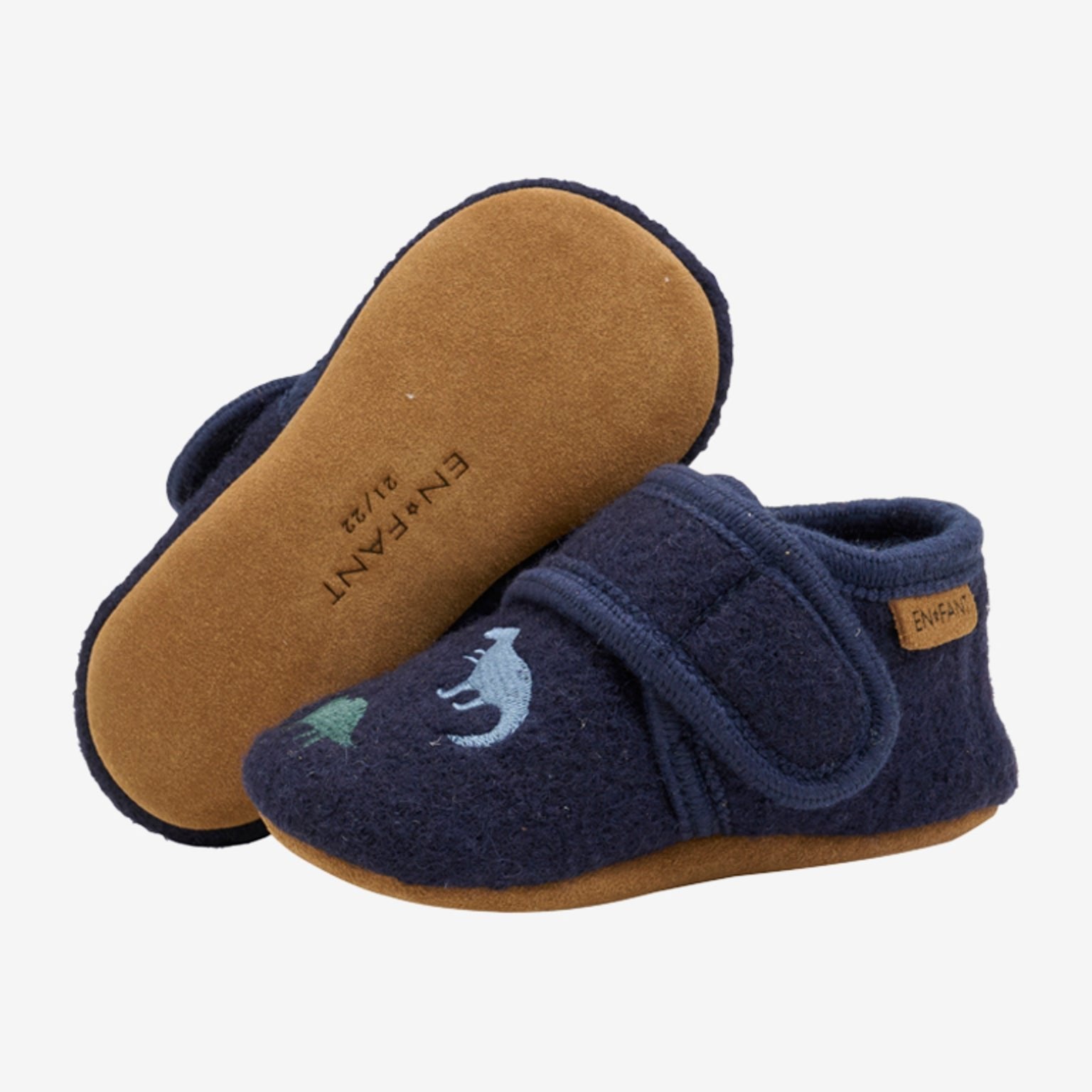 ENFANT babyslofjes geborduurd wool blauw dino zijaanzicht