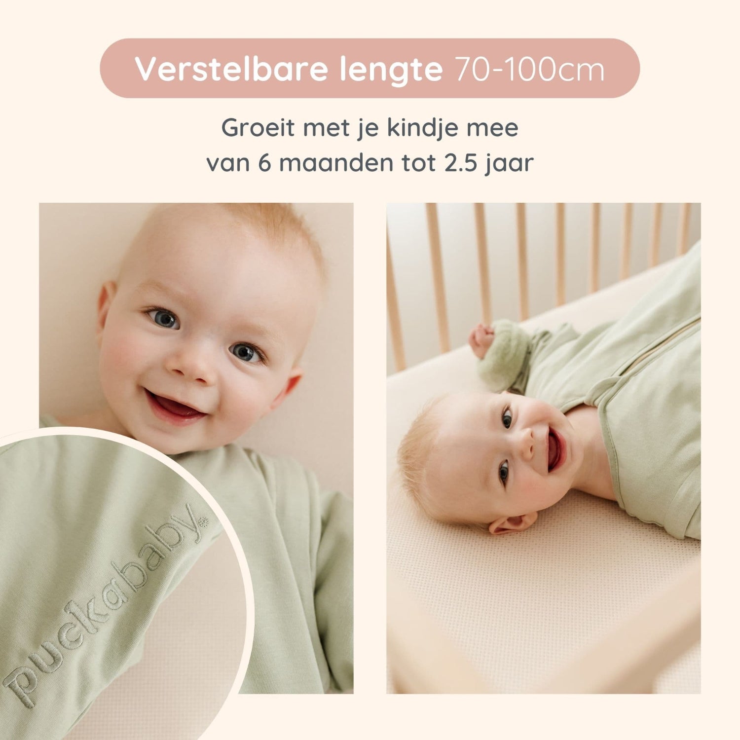 Kindje met Meegroeislaapzak 6M-2.5Y Olive aan van Puckababy