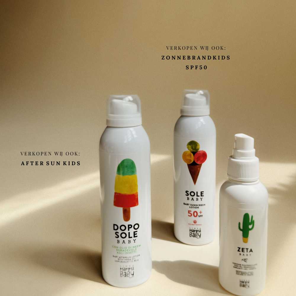 Producten Linea mamma op een rijtje met beige achtergrond voorzijde.