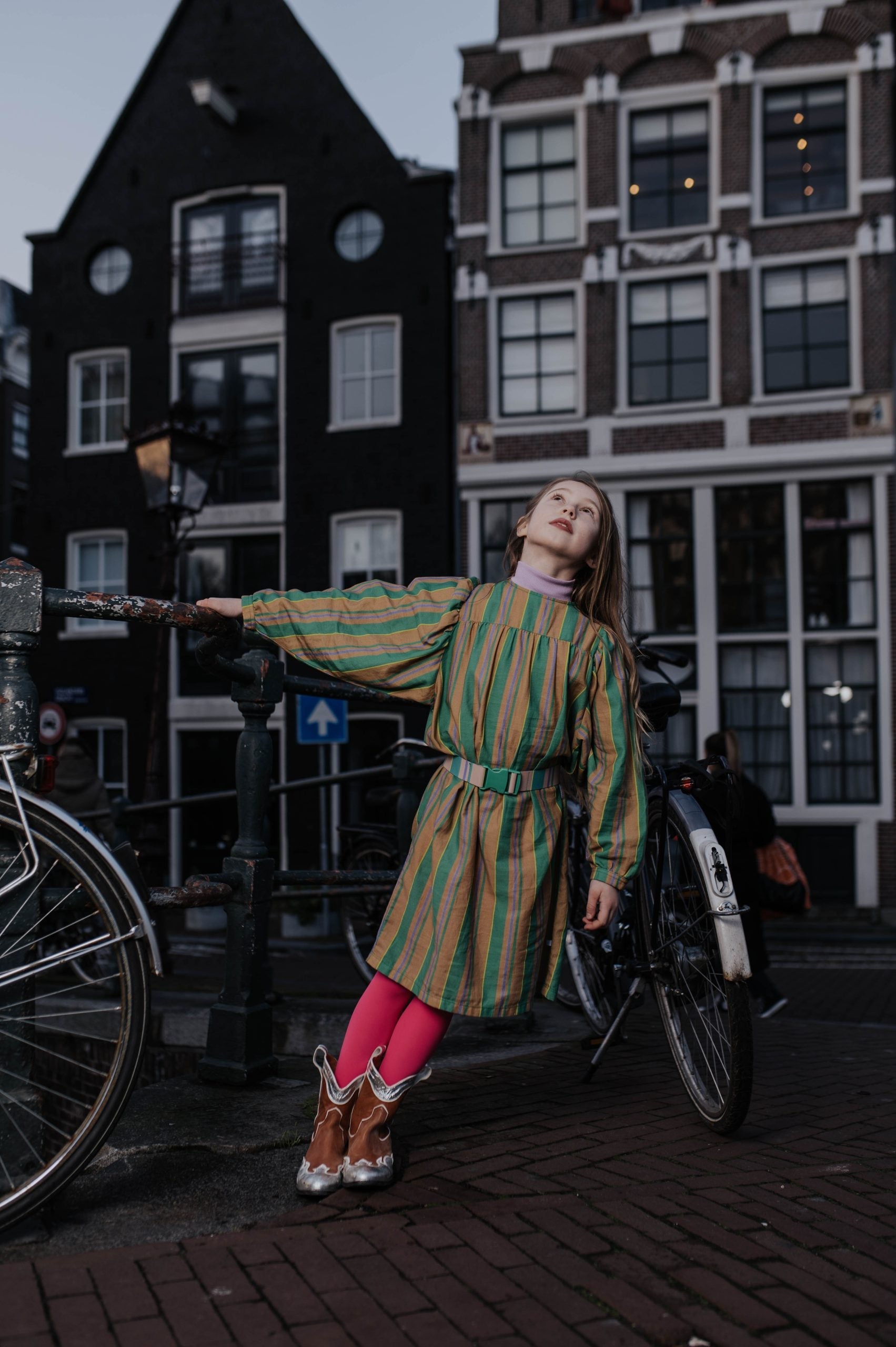 Repose Balloon dress magic green sand stripe