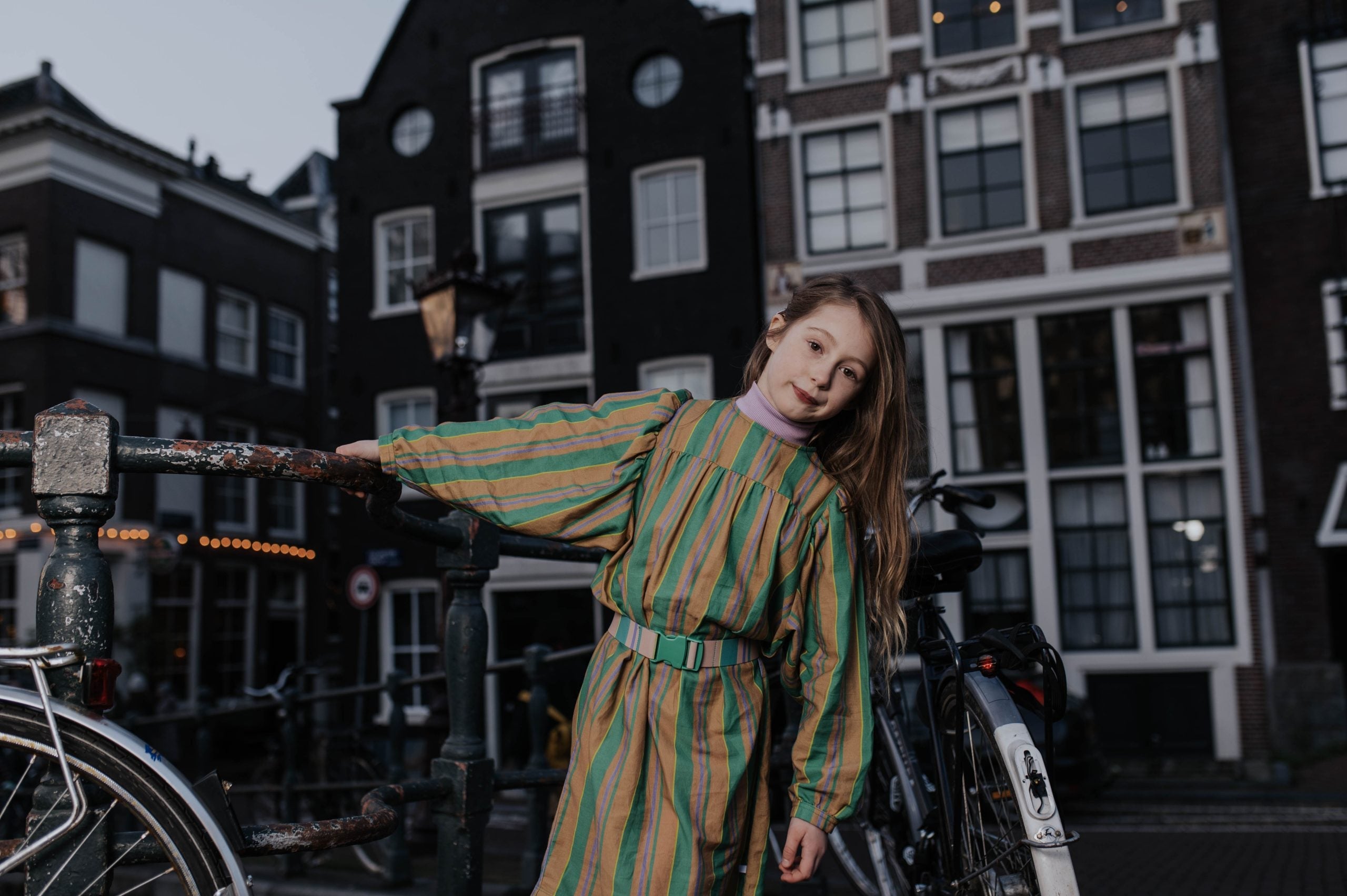 Repose Balloon dress magic green sand stripe