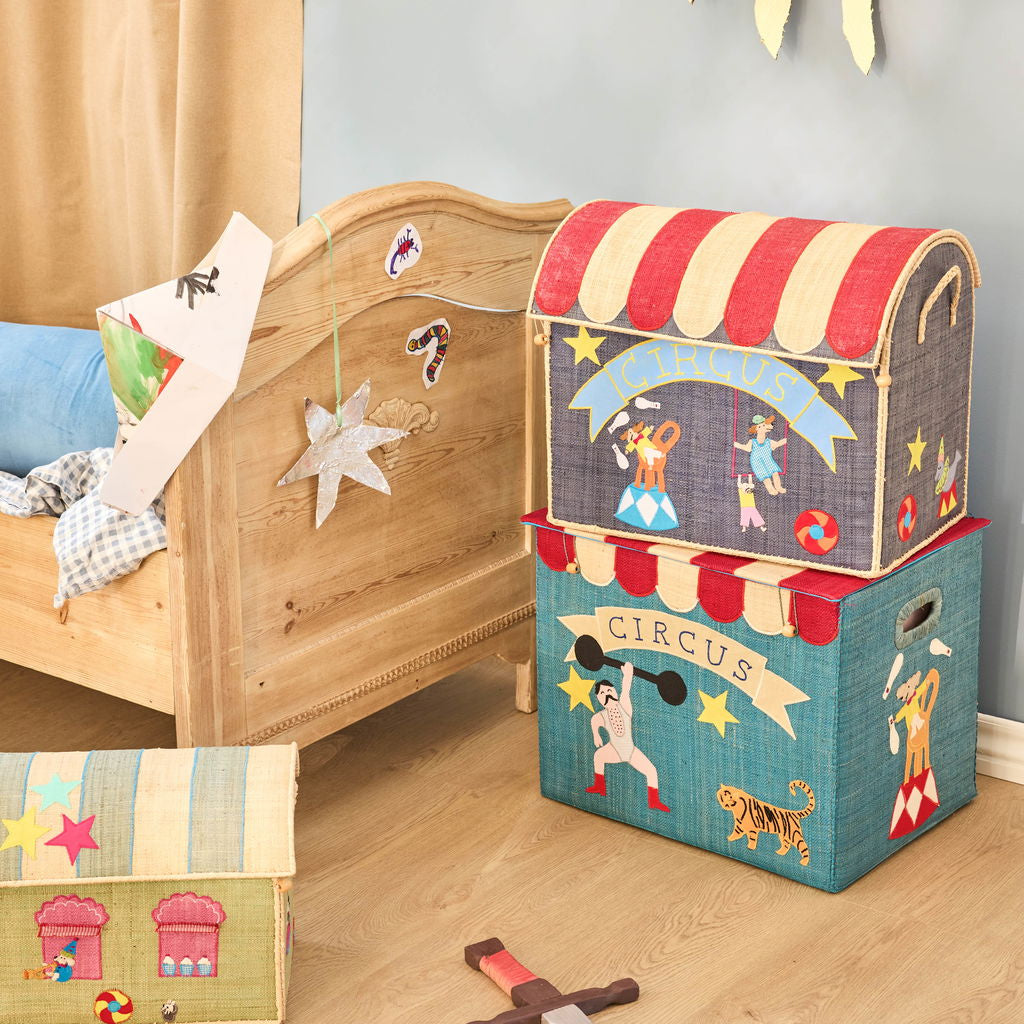 Raffia opbergbox circus blauw