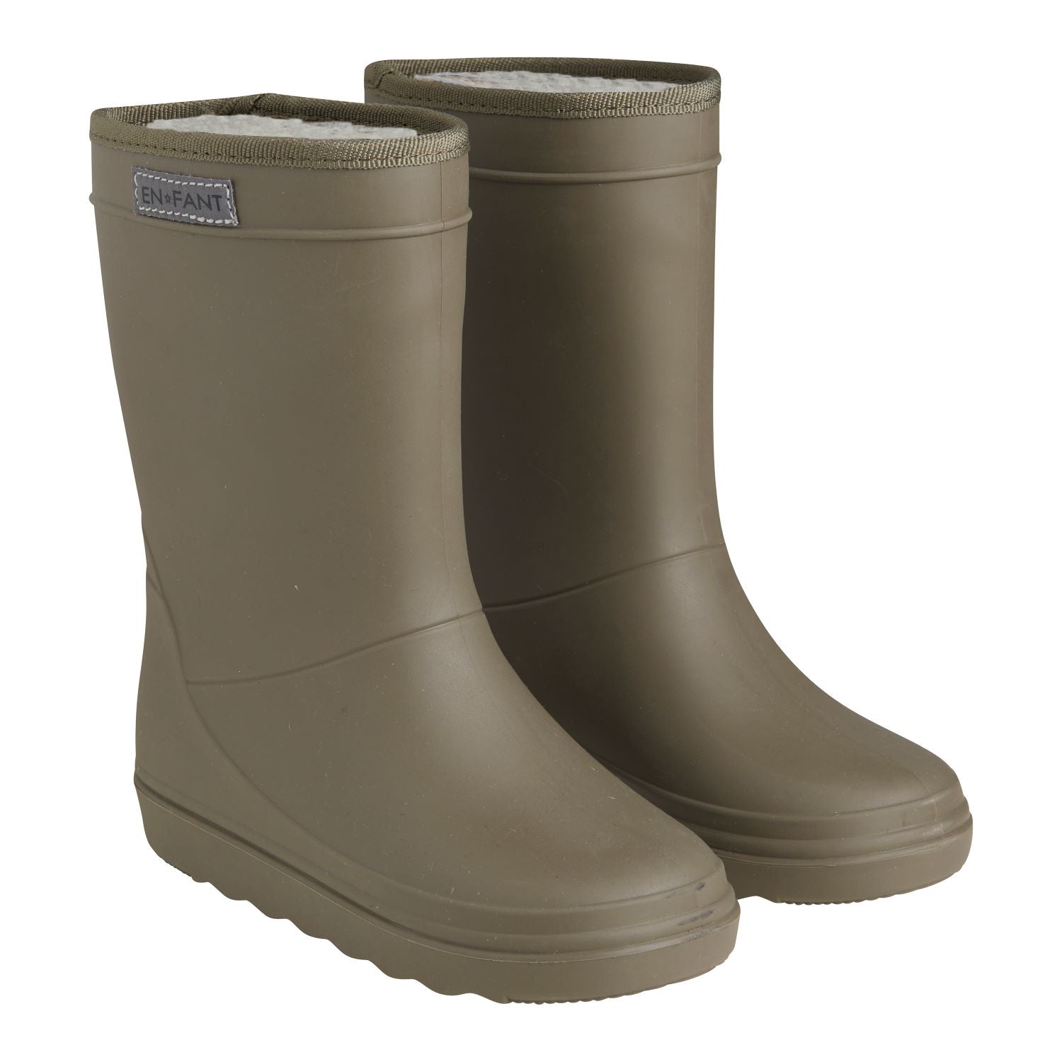 De thermoboots zijn gevoerd met wol aan de binnenzijde. De regenlaarzen zijn van ENFANT en groen van kleur voorzijde schuin.