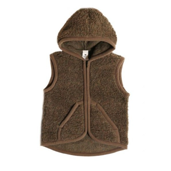 Bruine wollen bodywarmer met capuchon van het merk Alwero 