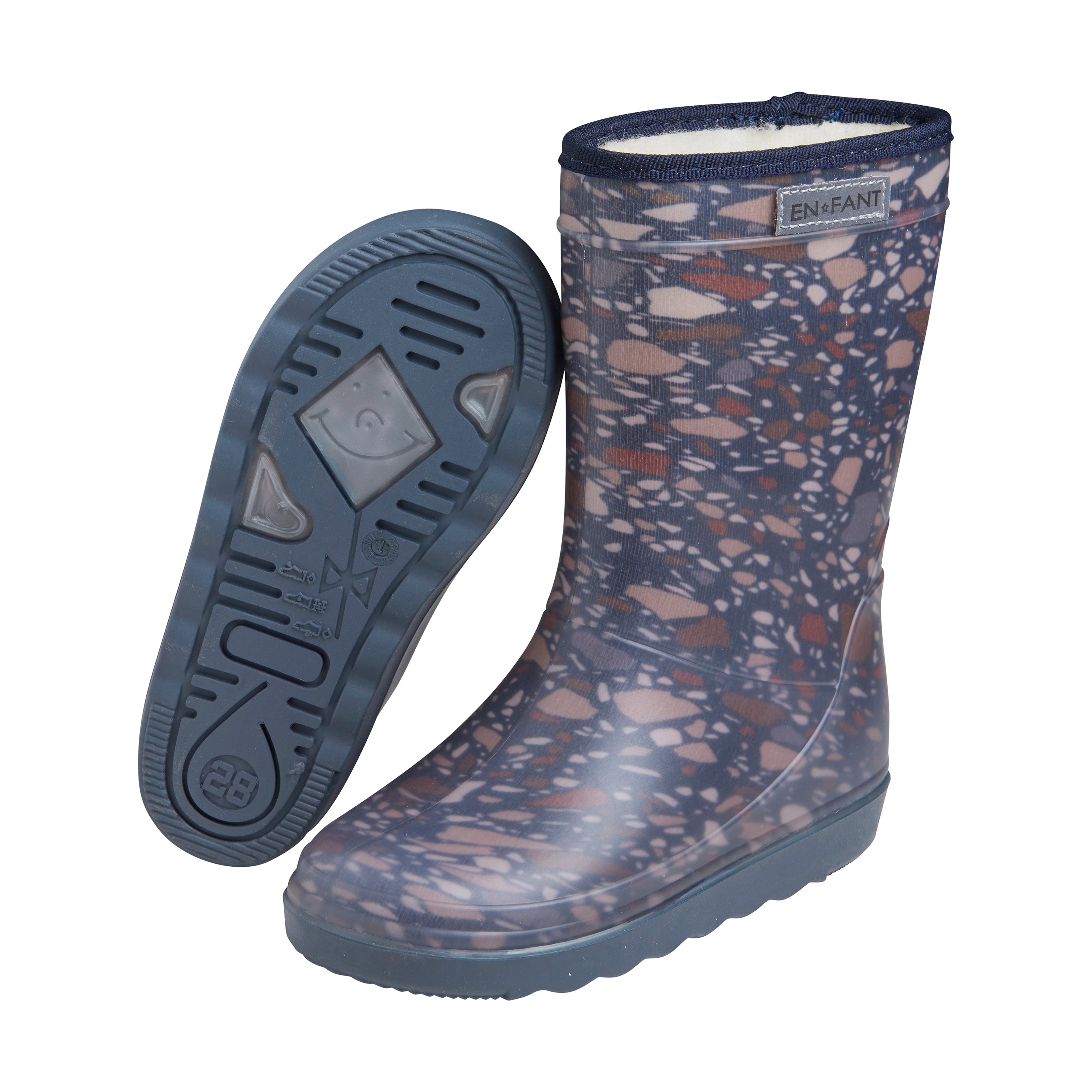 De thermoboots zijn gevoerd met wol aan de binnenzijde. De regenlaarzen zijn van ENFANT en blauw met patroon van kleur.