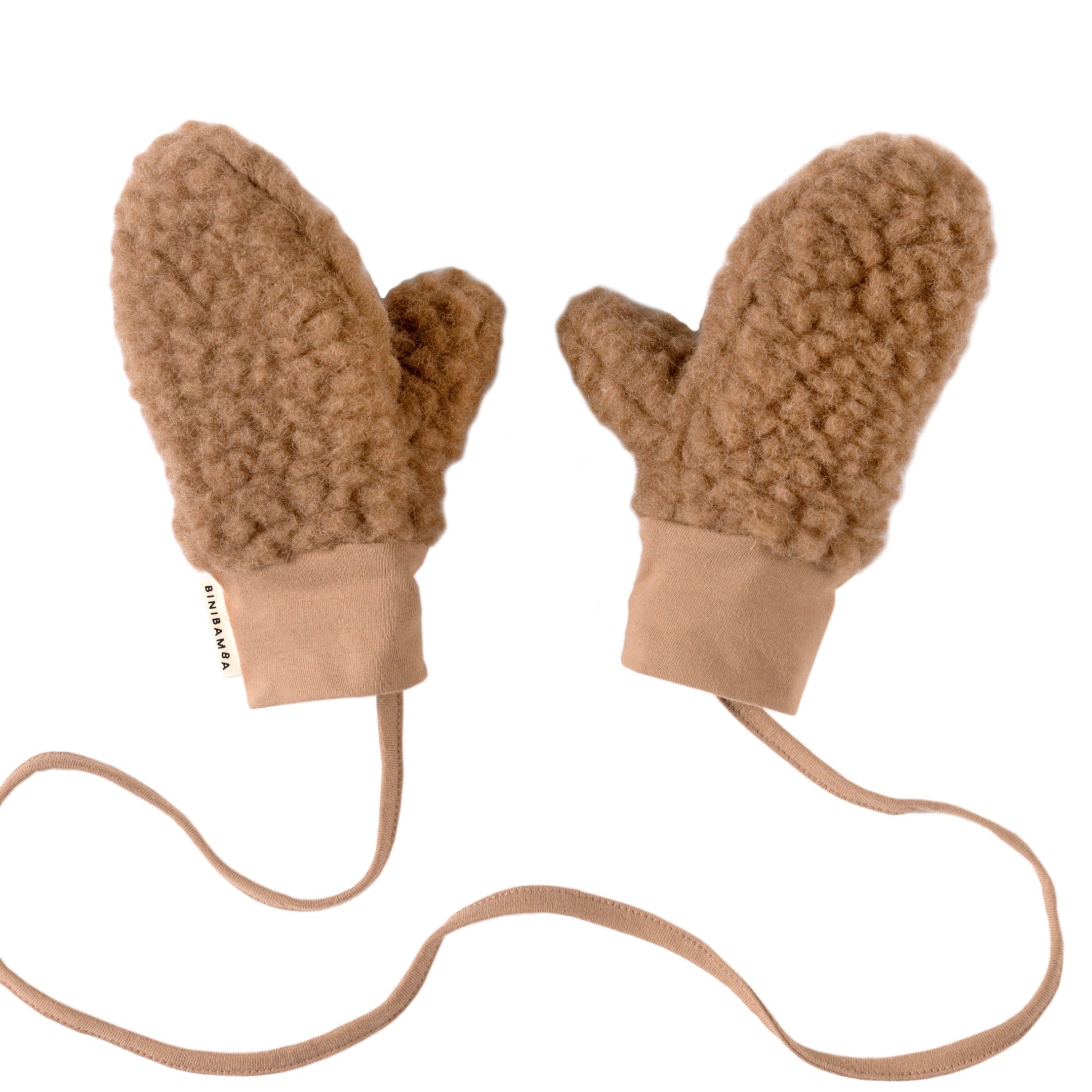 Warme wollen bruine handschoenen voor kinderen gemaakt van schapenwol van het merk binibamba